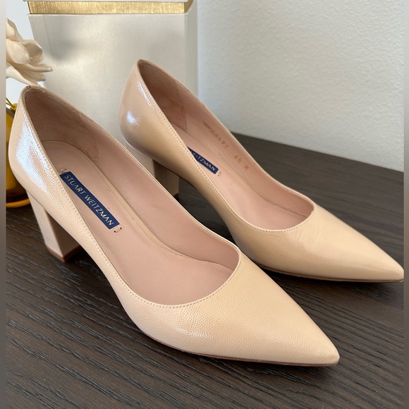 Stuart Weitzman leather neutral beige block heel pointed toe pumps - Picture 7 of 9